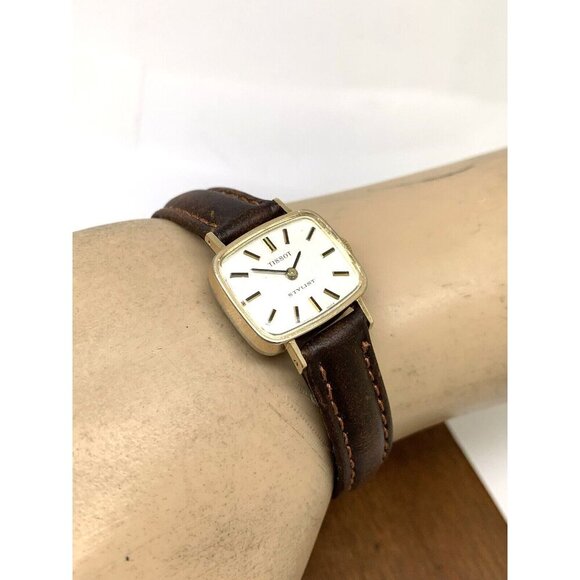 Tissot Womens Watch Vintage Swiss Mechanical Gold Silver Dial Brown Leather Band - Picture 5 of 13